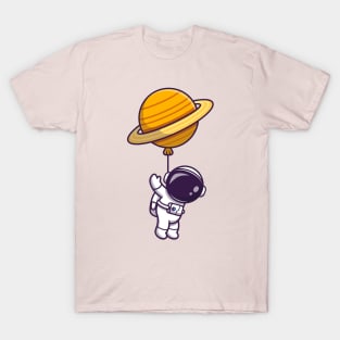 Cute Astronaut Floating With Planet Balloon In Space  Cartoon T-Shirt